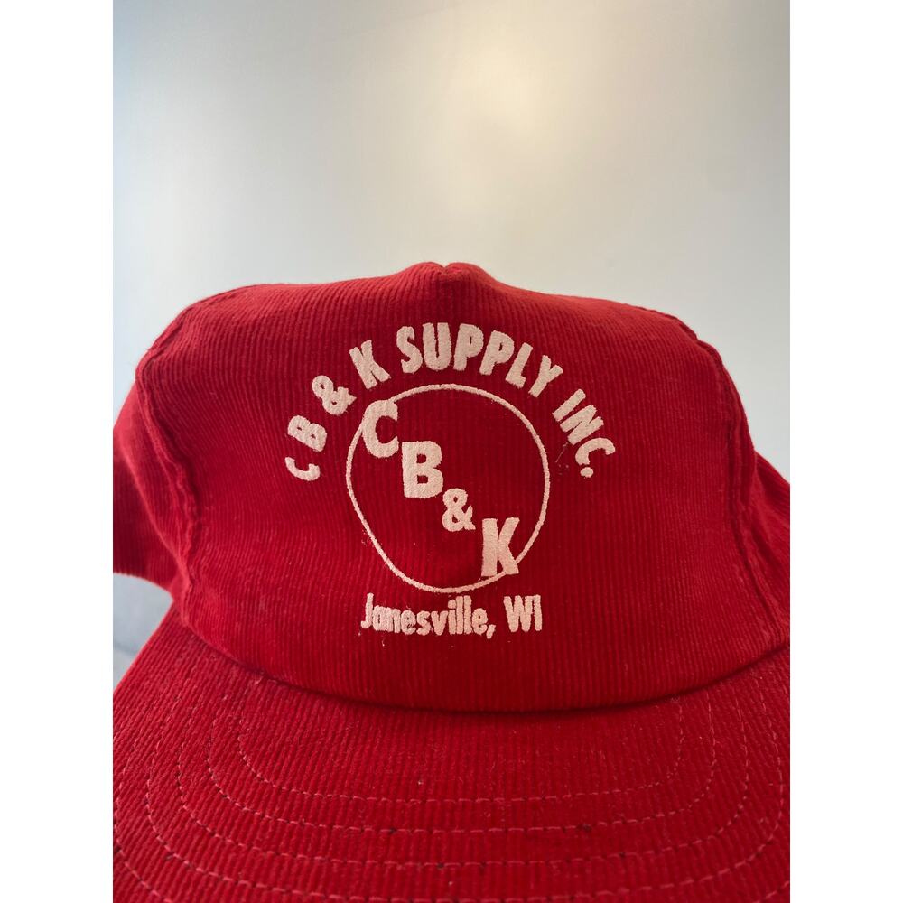 Vintage REX CB&K Supply Inc Corduroy Hat Trucker Snap Back Wisconsin Red